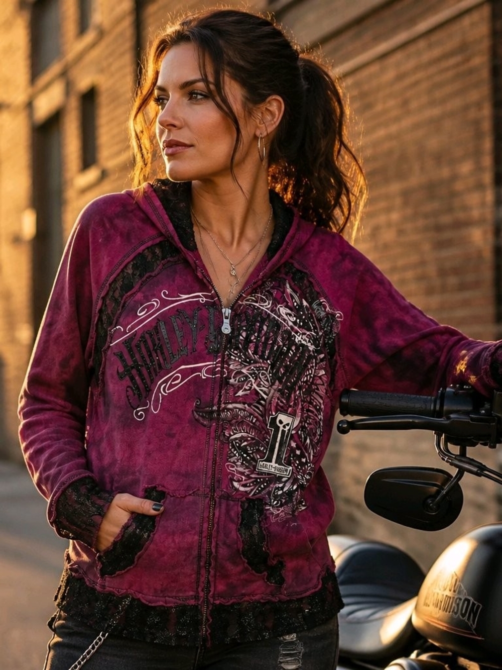Harley-Davidson Women's Burgundy Zip Hoodie with Black Lace Trim